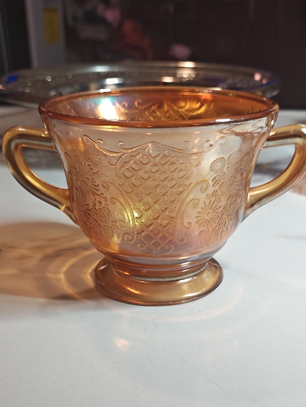 Iridescent Carnival Glass Sugar Bowl with Handles - Amber